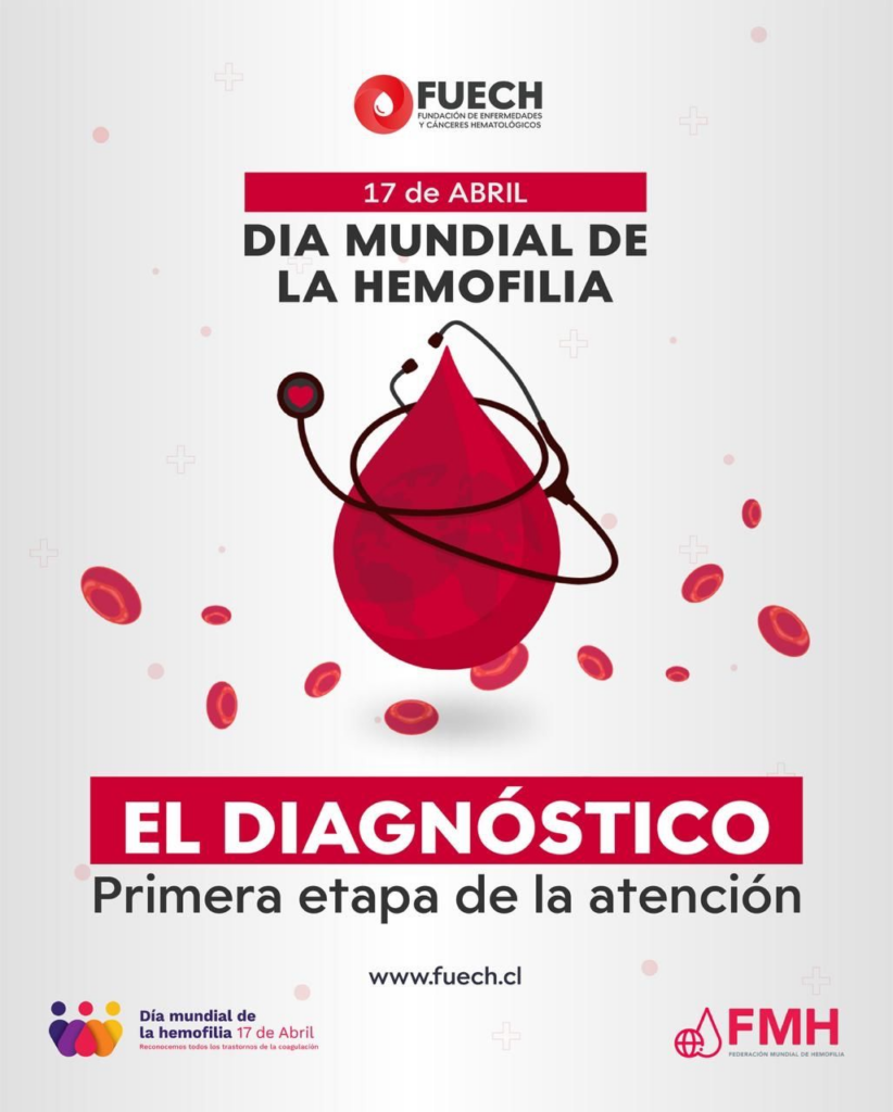 Afiche FUECH: 17 de abril Día Mundial de la Hemofilia. El diagnóstico, primera etapa de la atención
